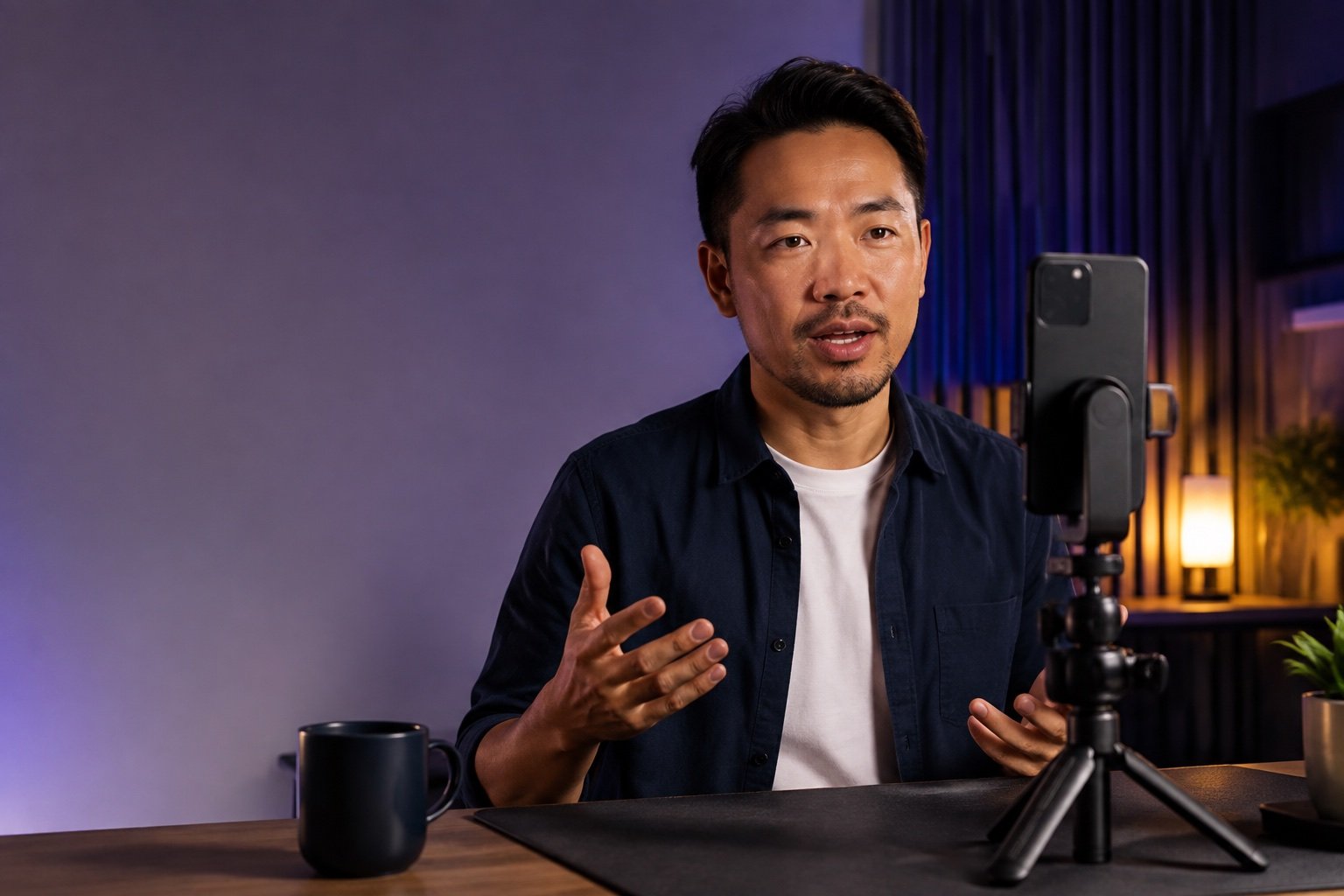 A creator recording a video with a smartphone at eye level